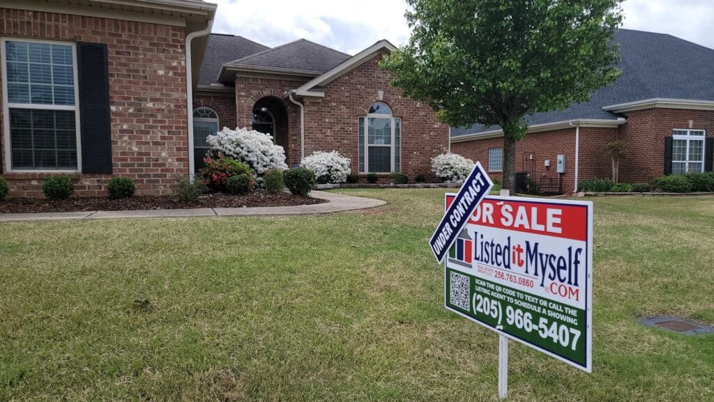 Under Contract flat fee MLS listing yard sign in front of a brick home in Huntsville, AL by ListedItMyself.com